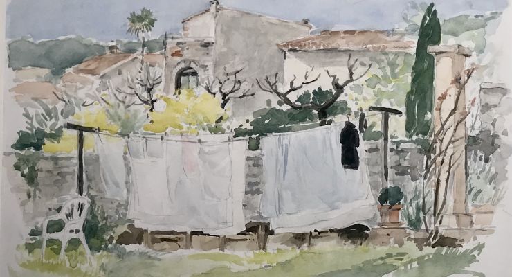 akvarell, Sydfrankrike, tvätt, tvättlina, trädgård